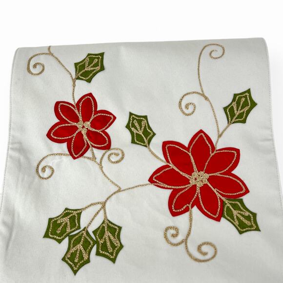 Inspired Treasures Table Runner White Red Poinsettia Christmas Holiday 72x13 - Picture 7 of 9